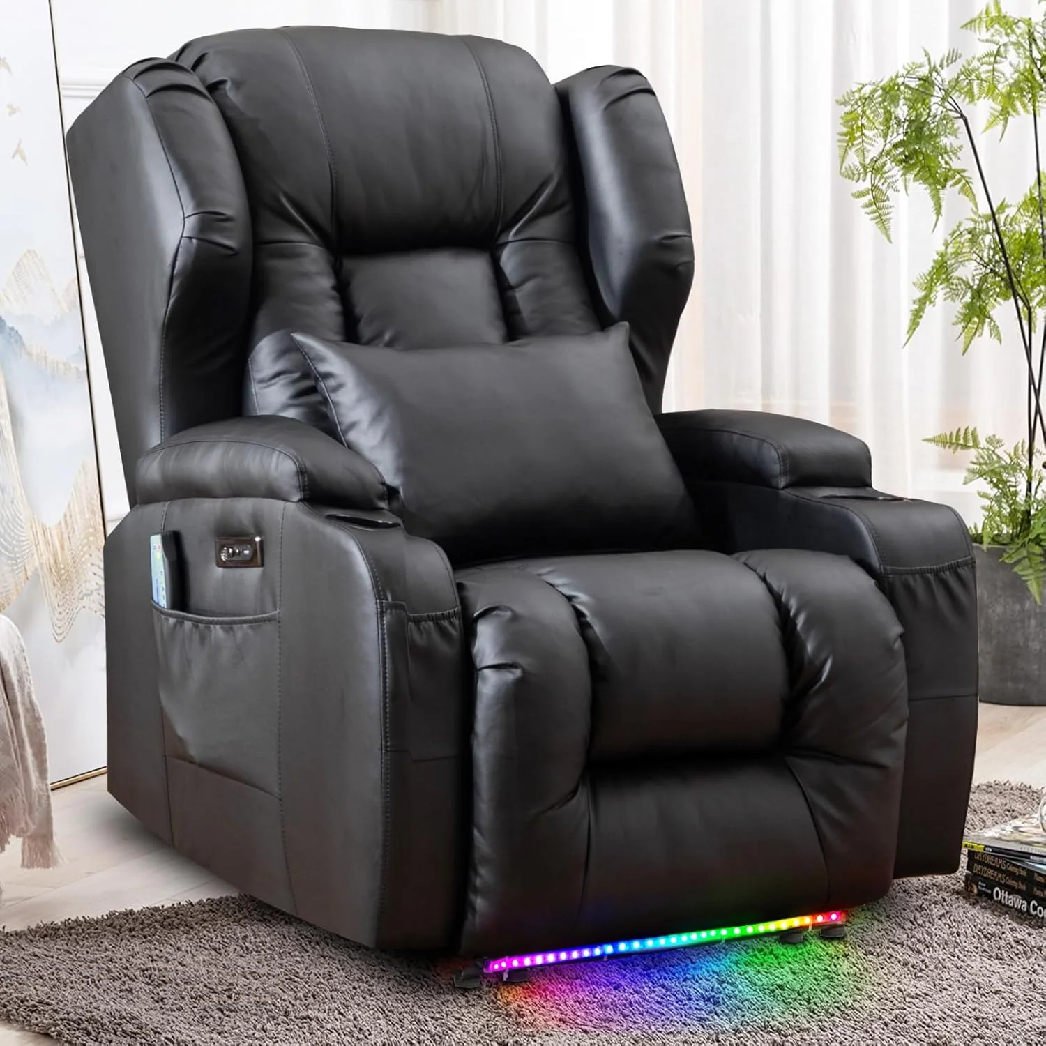 SAMERY relaxation chair, electric massage chair, lounge chair, vibration heating, relaxation chair and lounge chair with LED/USB, cinema armchair, TV armchair, living room bedroom, black 7815