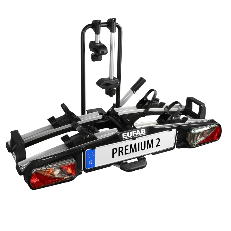 EUFAB 11521 Premium 2 Bicycle Carrier, Suitable for E-Bikes, Completely Pre-Assembled, Anti-Theft Protection, for 2 Bicycles, for Towing Hitch, Black, Silver
