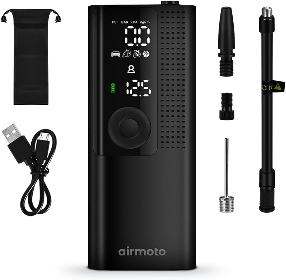 Airmoto Tire Inflator Portable Air Compressor/Pump for Car Tires w/Digital Tire Pressure Gauge - Air Compressor (120 PSI) - Motorcycle, Electric Bike Pump and Bicycle Pump w/LED Light