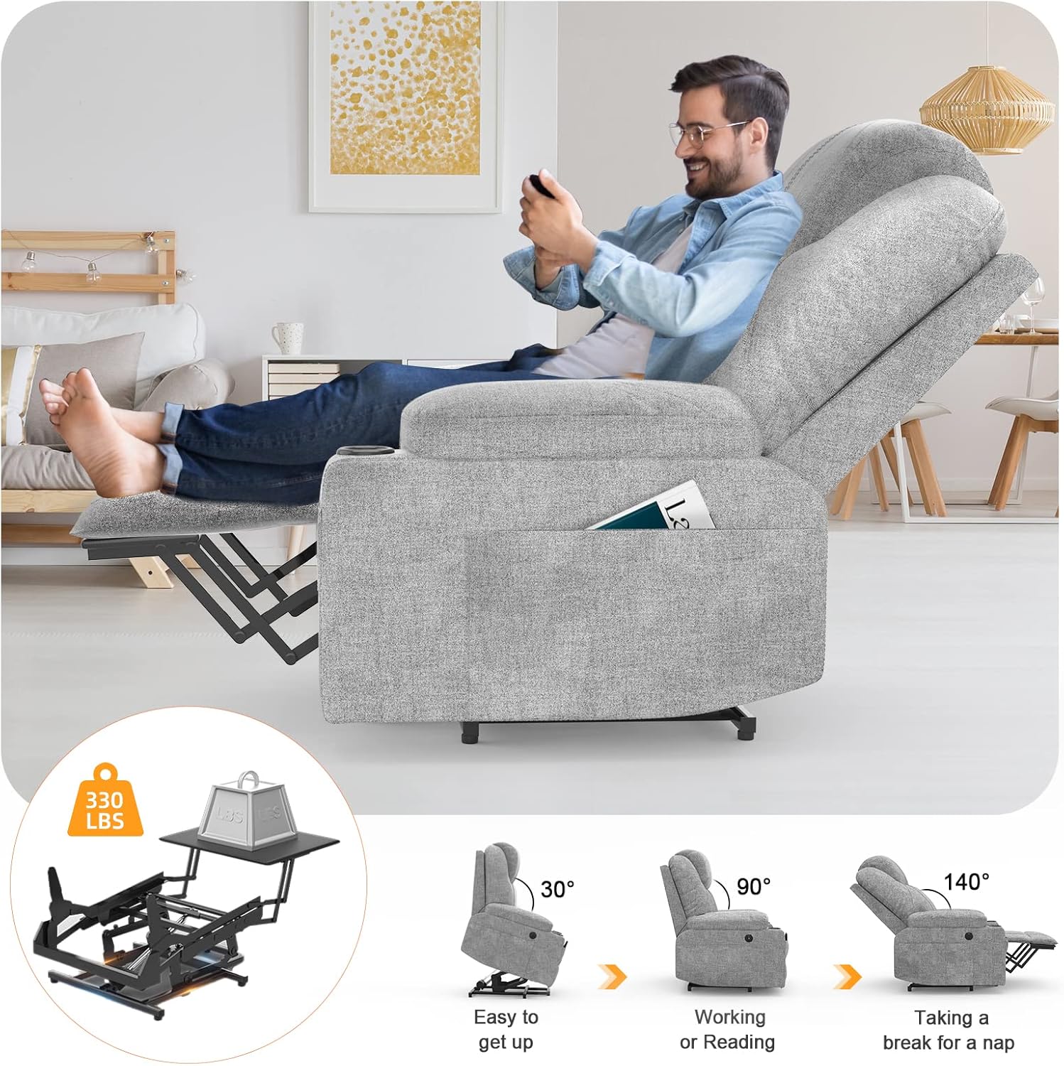 TV armchair is electrically adjustable, an auxiliary massage chair with massage heating function, a high-end armchair, a relaxation chair with feet, 2 side pockets and a drink rack, a USB interface, and is gray