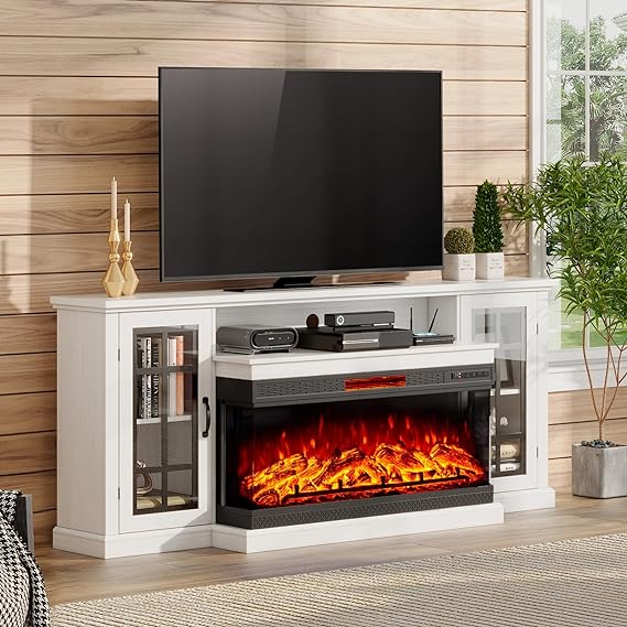 AMERLIFE 75in 3-Sided Glass Fireplace TV Stand for TVs up to 85