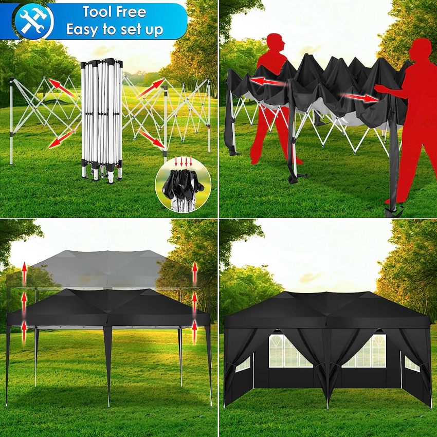 TOOLUCK Folding Gazebo Waterproof Stable Popup Foldable Gazebo Anti-UV Garden Gazebo with 6 Side Panels