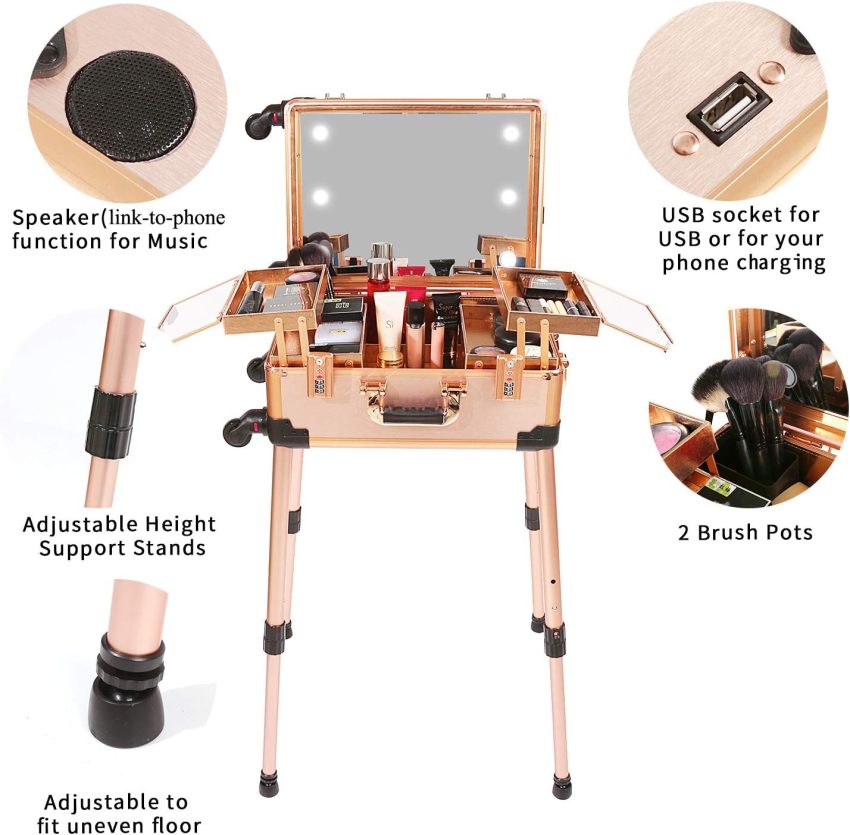 Medium Makeup Train Case with Code Lock, Lighted Mirror