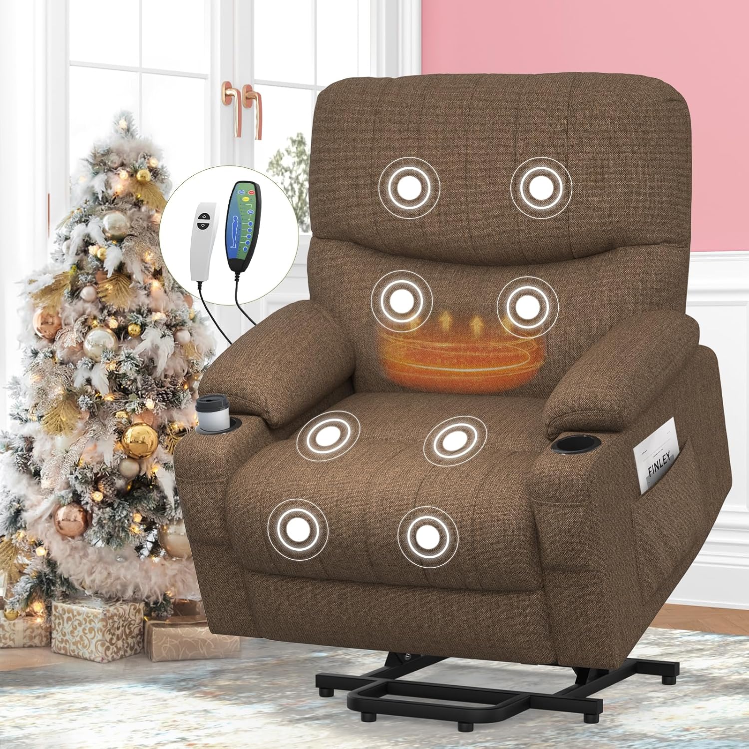 TV armchair, relaxation armchair, massage armchair, heating function, stand up assist, lie down function, electrically adjustable TV armchair, living room with USB&Type-C & cup holder and bag