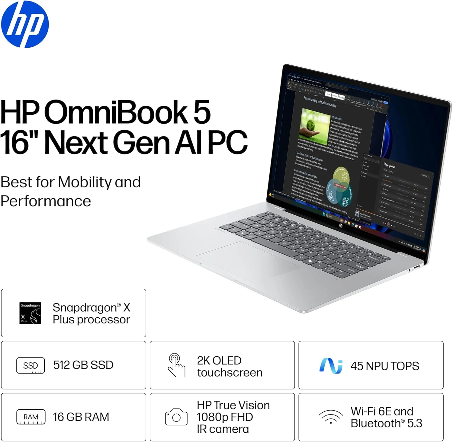 HP OmniBook 5 16 inch Next Gen AI PC, 2K Touchscreen, Snapdragon X Plus X1P-42-100, 16 GB RAM, 512 GB SSD, Qualcomm Adreno GPU, Windows 11 Home, Copilot+ PC, Glacier Silver, 16-fb0000nr