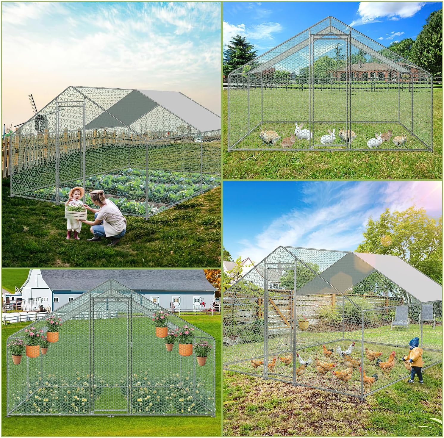 Sonnewelt Freilaufgehege 3x3x2m Hühnerstall Verzinkter Stahl Kleintierstall Hühnerhaus Dach Geflügelstall mit Sonnenschutzdach und Tür für Haustierkäfig Hühnerkäfig Vogelkäfig Kleintiere Pflanzen