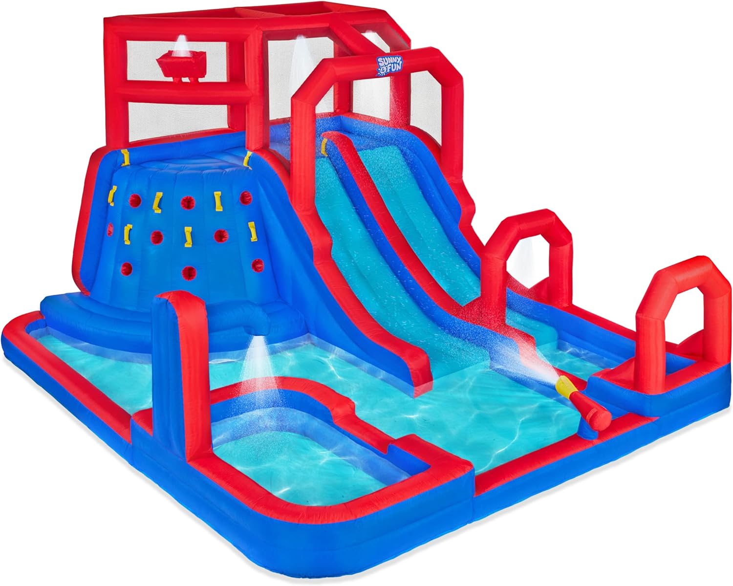 Sunny & Fun Mega Climb N' Go Inflatable Water Slide Park – Heavy-Duty for Outdoor Fun - Climbing Wall, 2 Slides, Splash & Deep Pool – Easy to Set Up & Inflate with Included Air Pump & Carrying Case