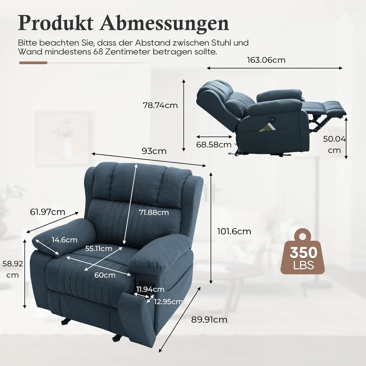 Electric adjustable TV armchair with reclining function, TV armchair with massage and heating functions, C-shaped and USB connector, maximum 160 kilograms (blue)