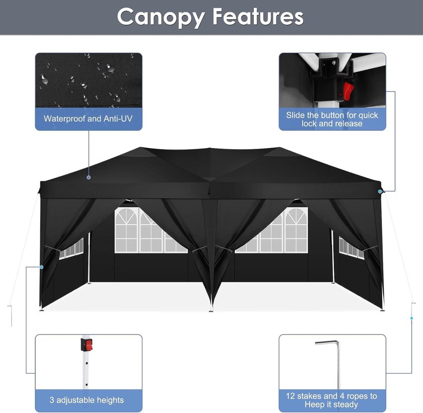 TOOLUCK Folding Gazebo Waterproof Stable Popup Foldable Gazebo Anti-UV Garden Gazebo with 6 Side Panels