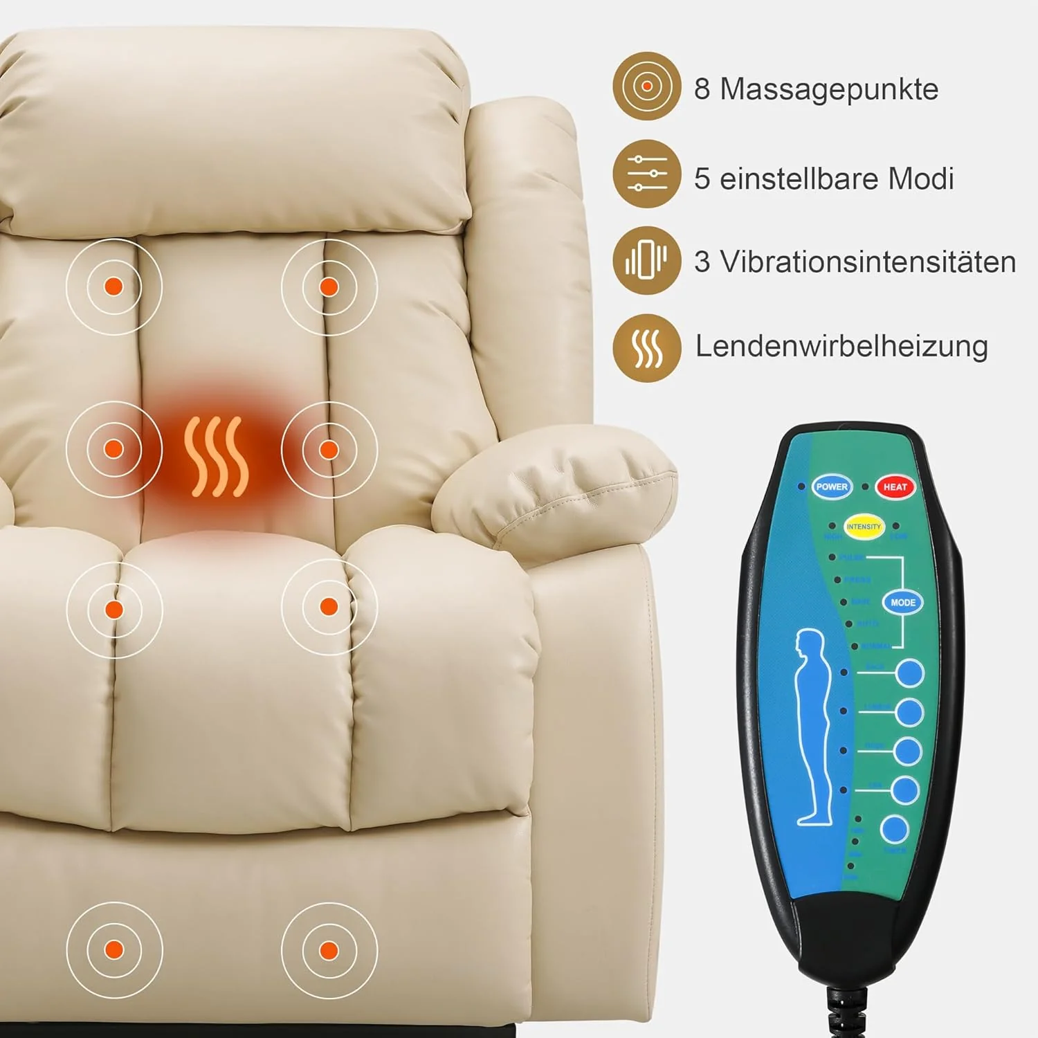 2-motor 180° electric relaxation chair, sleep chair, massage chair, vibration and heating (beige)