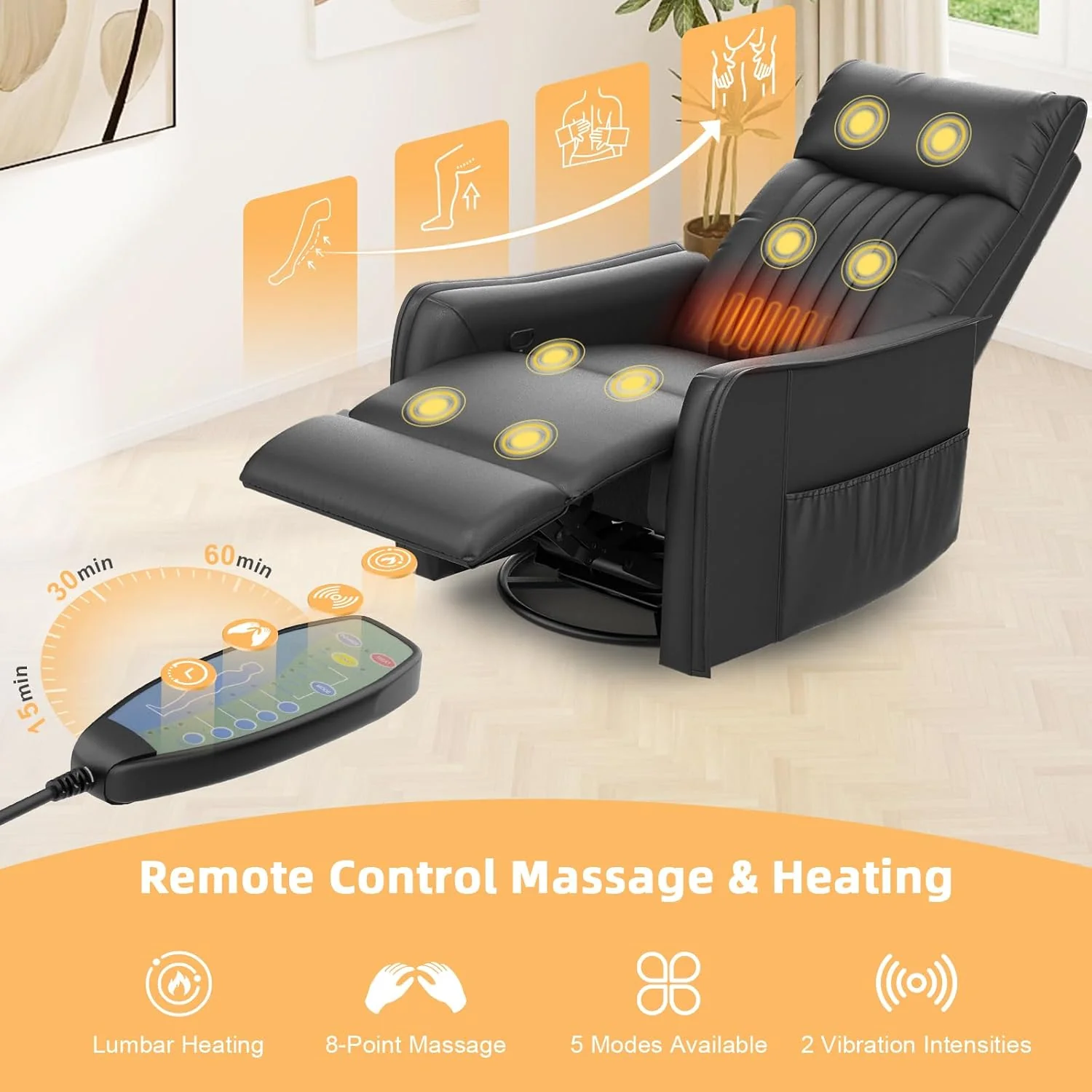 TV armchair with lounge chair, massage chair, relaxation chair with heating and massage, 360° rotating TV armchair, living room, swing chair with soft cushion headrest, 2 side pockets