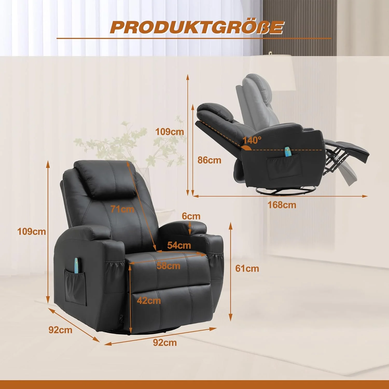 TV armchair, relaxation armchair, massage armchair, heating and vibration, remote control 360° rotation lever, black