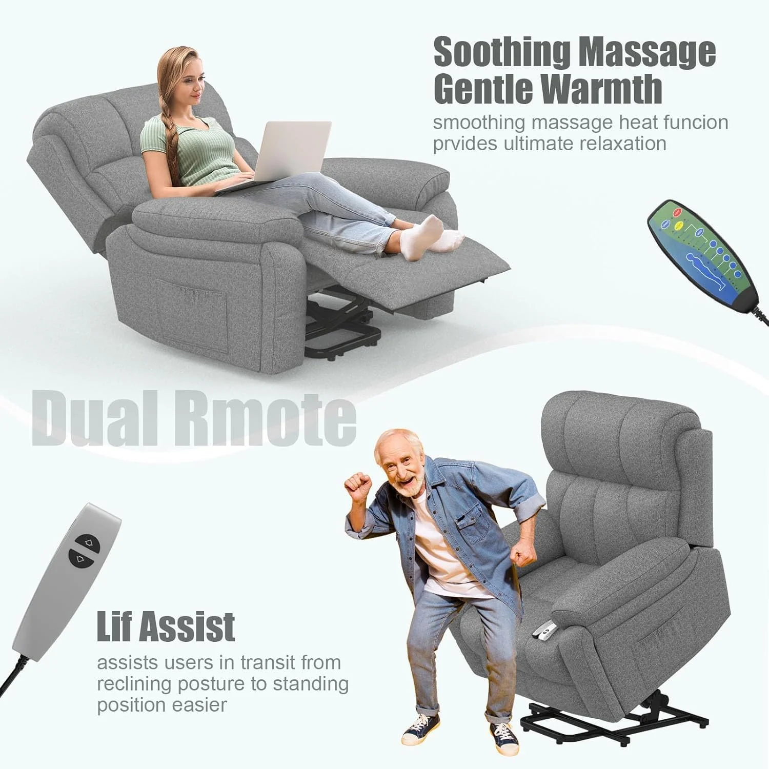 Electrically adjustable, auxiliary massage chair with massage heating function, high-end armchair, relaxation chair, 2 side pockets and drink rack, USB+ c type connector