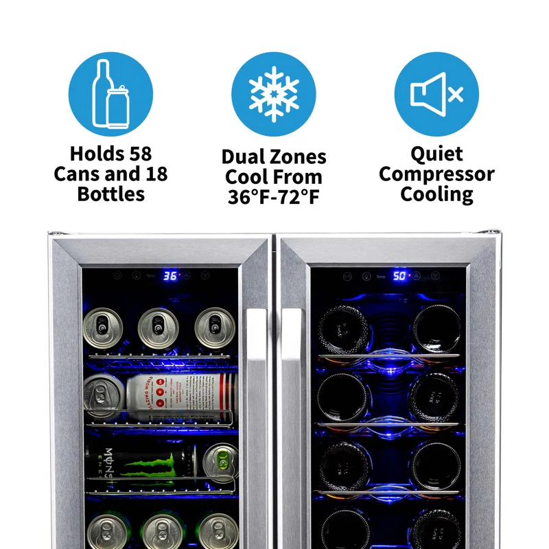 Newair 24” Built-in Dual Zone 18 Bottle and 58 Can Wine and Beverage Fridge in Stainless Steel
