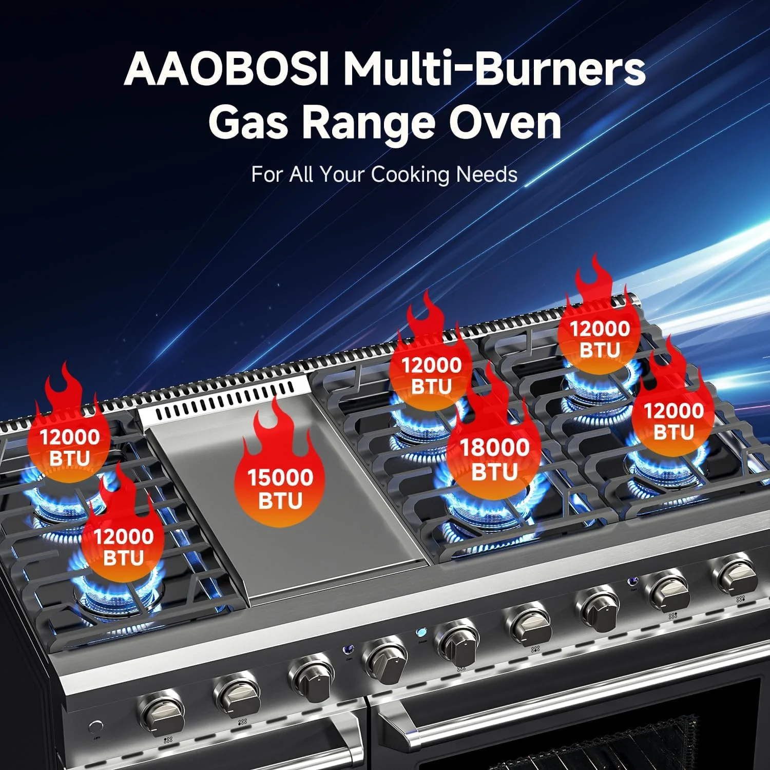 AAOBOSI 48 Inch Freestanding Gas Range Ovens with 7.0 cu.ft Large Capacity Double Convection Ovens, 6 Sealed Burners Plus Iron Grill Burner, Stainless Steel Gas Range Stove with NG/LPG Convertible