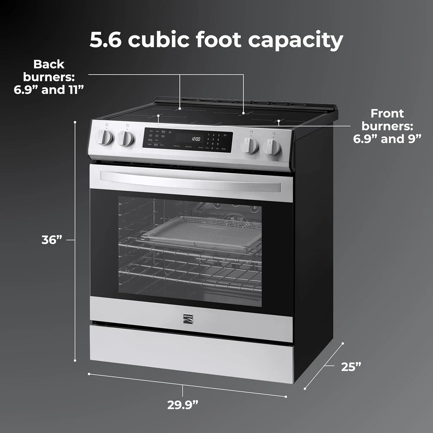 Kenmore 2296853 5.6 cu. ft. Front Control Electric Induction Range Oven - 4 Dual Ring Elements, True Convection, Air Fry, Self Clean, Turbo Boil, Chrome Racks, Storage Drawer - Stainless Steel