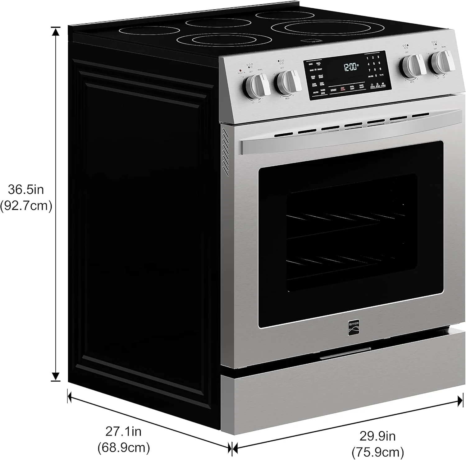 Kenmore Front Control Electric Range Oven with 5 Cooktop Elements with 7 Cooking Power Options, True Convection, Steam and Self Clean, Freestanding Oven, 4.8 cu. ft. Capacity Stainless Steel