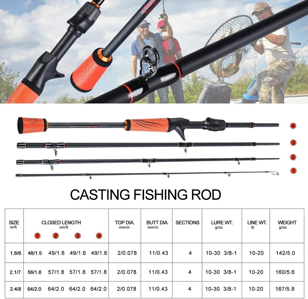 Portable 4 Section Fishing Rod1.8m-2.4m Light Carbon Fiber Rubber Handle Spinning Casting Carp Rod