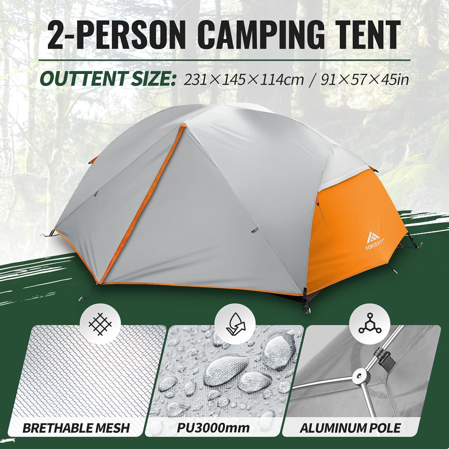 Forceatt Tent for 2 and 3 Person is Waterproof and Windproof, Camping Tent for 3 to 4 Seasons,Lightweight Aluminum Pole Backpacking Tent Can be Set Up Quickly,Great for Hiking