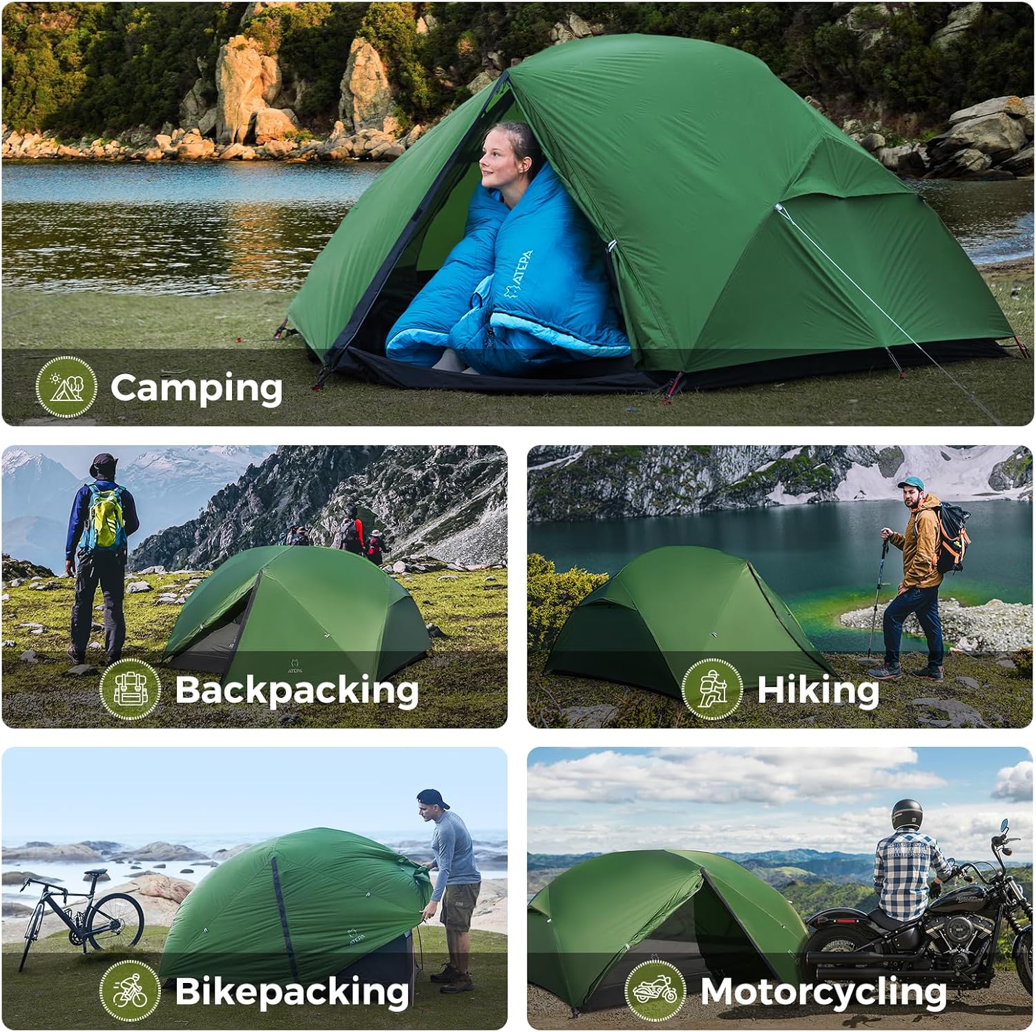 ATEPA Ultralight Backpacking Tent, 2 Person 1 Person Nylon Lightweight 4000MM+ Waterproof Windproof Portable Tent with Aluminum Frame & Rainfly for Backpacking Hiking Camping Motorcycle, 4 Season