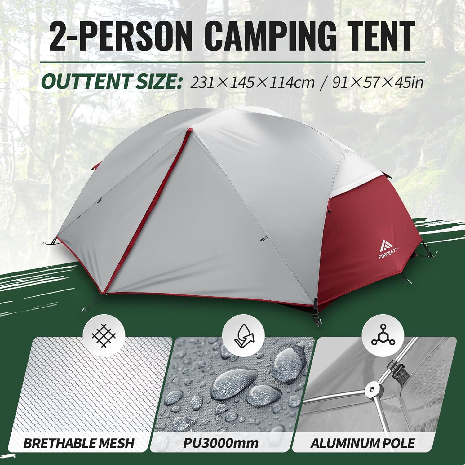 Forceatt Tent for 2 and 3 Person is Waterproof and Windproof, Camping Tent for 3 to 4 Seasons,Lightweight Aluminum Pole Backpacking Tent Can be Set Up Quickly,Great for Hiking