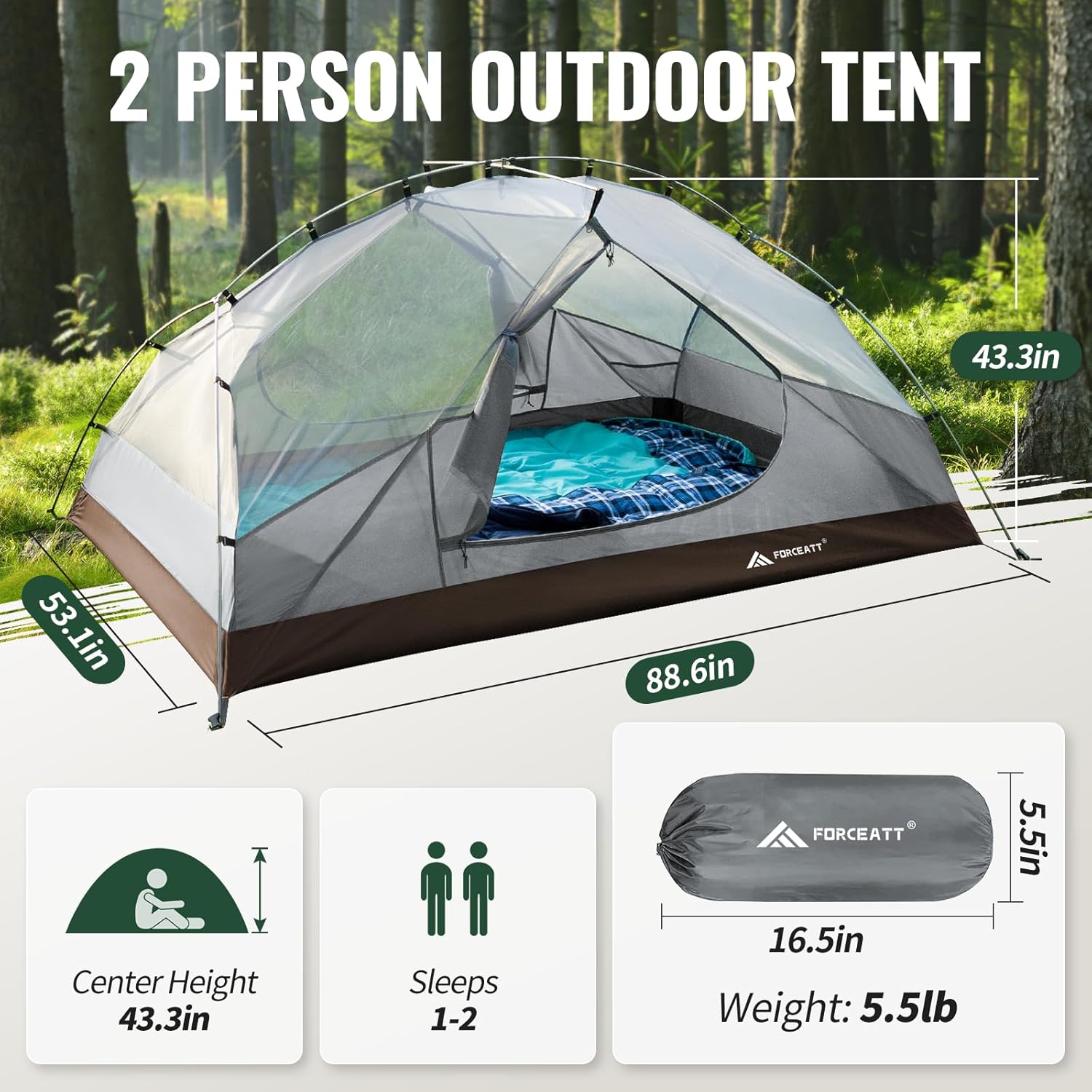 Forceatt Tent for 2 and 3 Person is Waterproof and Windproof, Camping Tent for 3 to 4 Seasons,Lightweight Aluminum Pole Backpacking Tent Can be Set Up Quickly,Great for Hiking