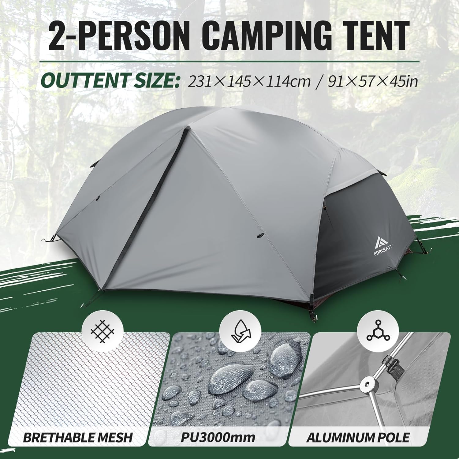 Forceatt Tent for 2 and 3 Person is Waterproof and Windproof, Camping Tent for 3 to 4 Seasons,Lightweight Aluminum Pole Backpacking Tent Can be Set Up Quickly,Great for Hiking