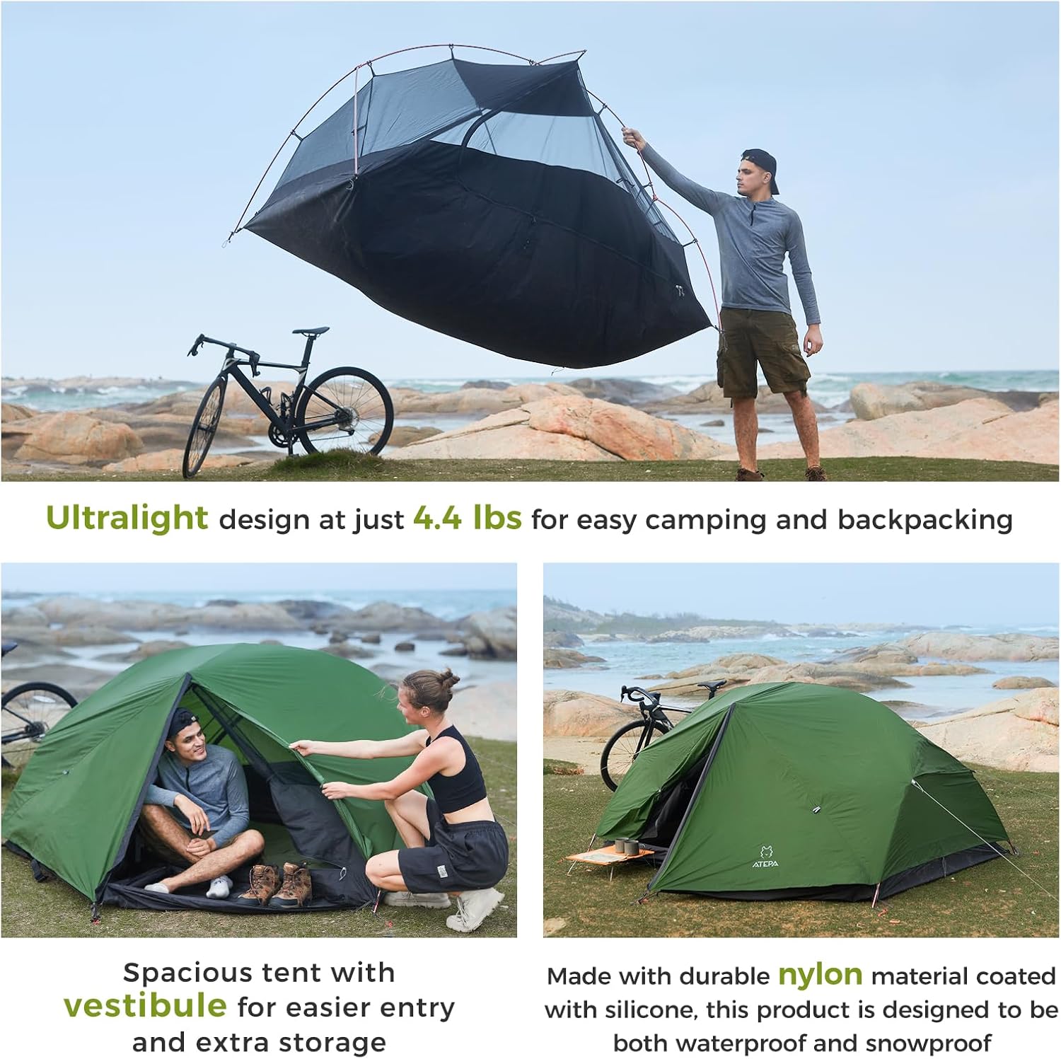 ATEPA Ultralight Backpacking Tent, 2 Person 1 Person Nylon Lightweight 4000MM+ Waterproof Windproof Portable Tent with Aluminum Frame & Rainfly for Backpacking Hiking Camping Motorcycle, 4 Season