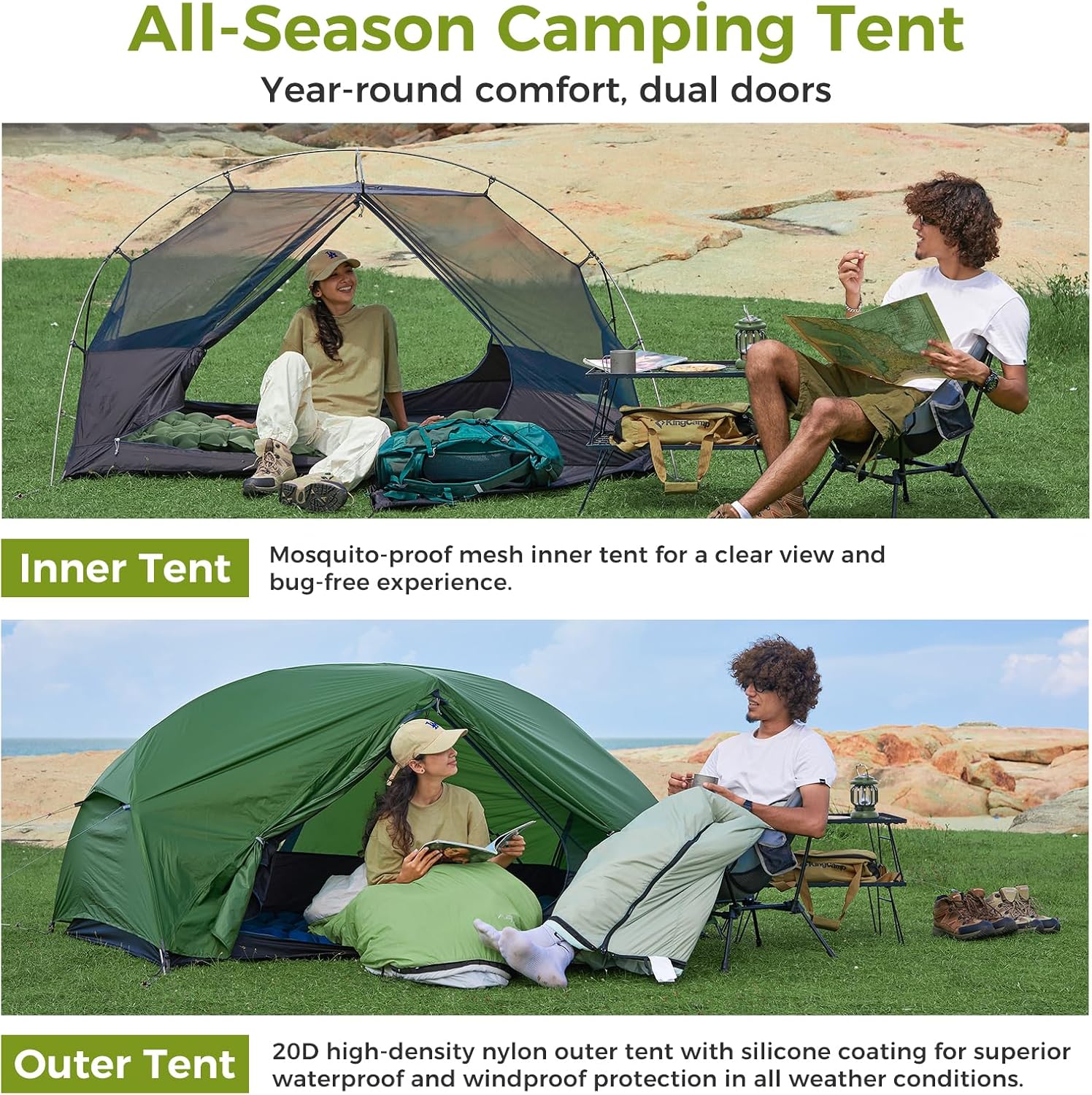 ATEPA Ultralight Backpacking Tent, 2 Person 1 Person Nylon Lightweight 4000MM+ Waterproof Windproof Portable Tent with Aluminum Frame & Rainfly for Backpacking Hiking Camping Motorcycle, 4 Season