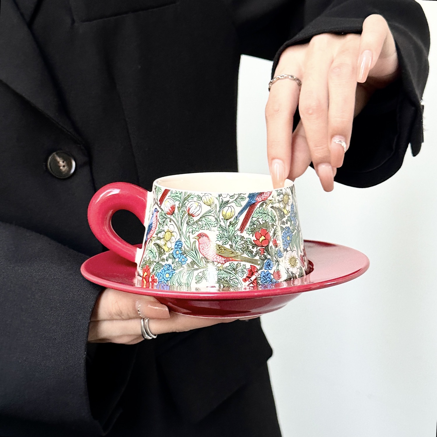 Floral and Bird Ceramic Cup and Saucer Set
