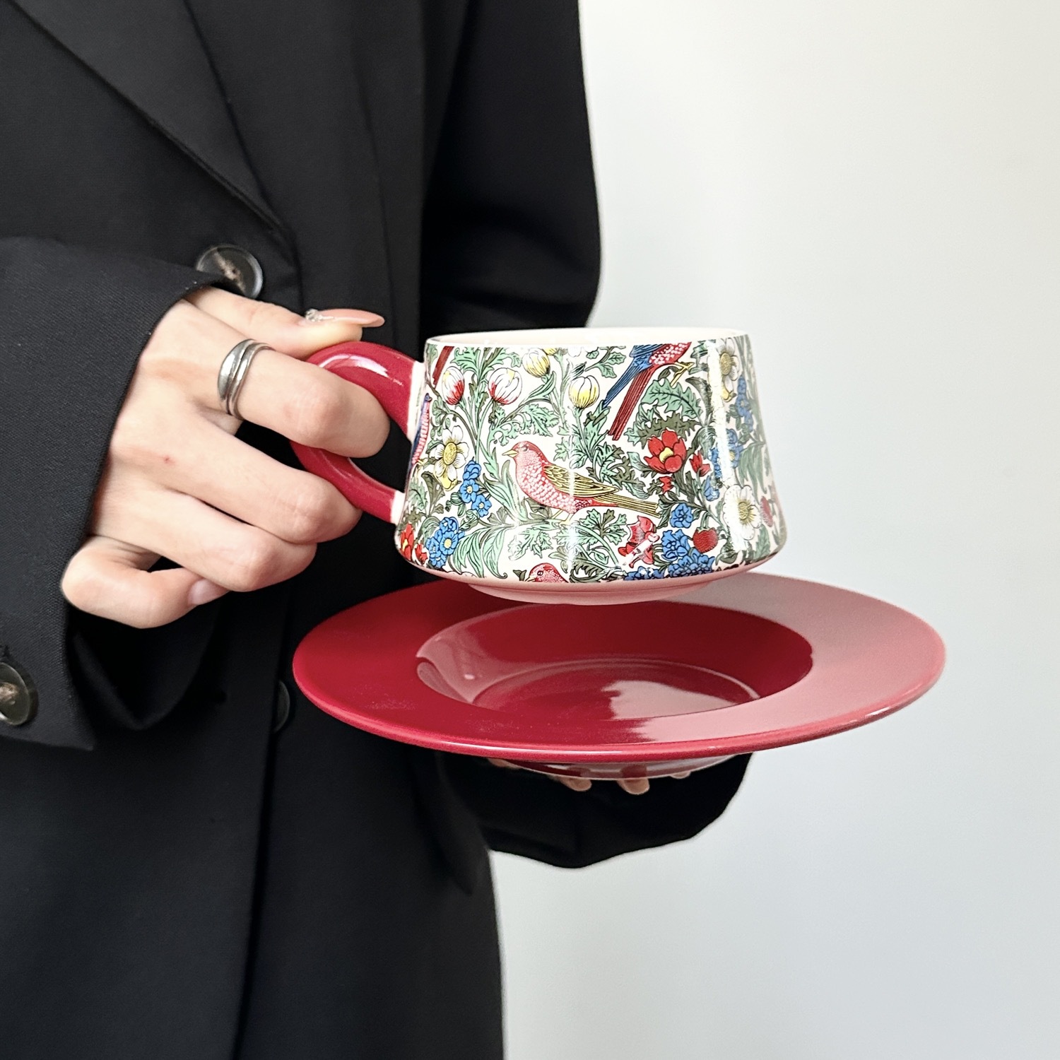 Floral and Bird Ceramic Cup and Saucer Set