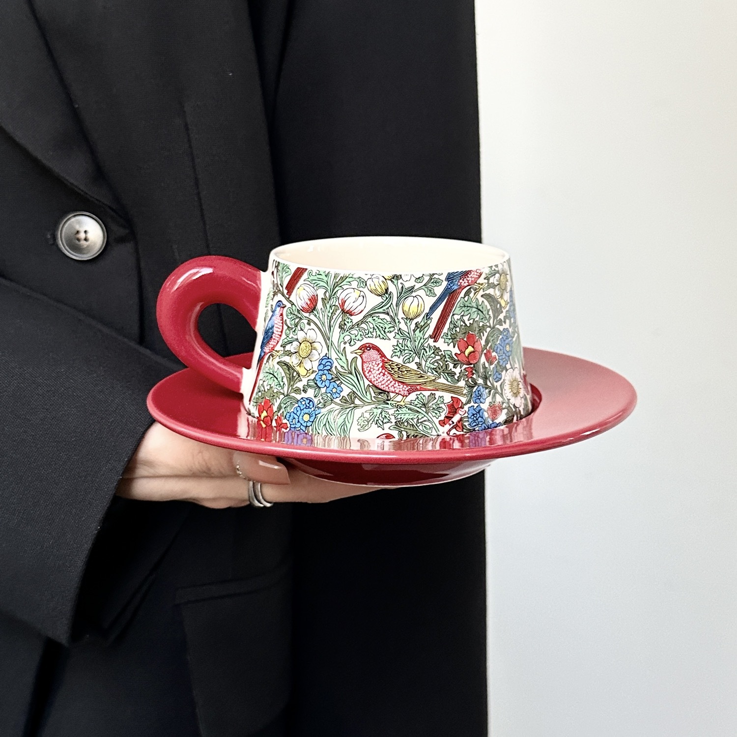 Floral and Bird Ceramic Cup and Saucer Set