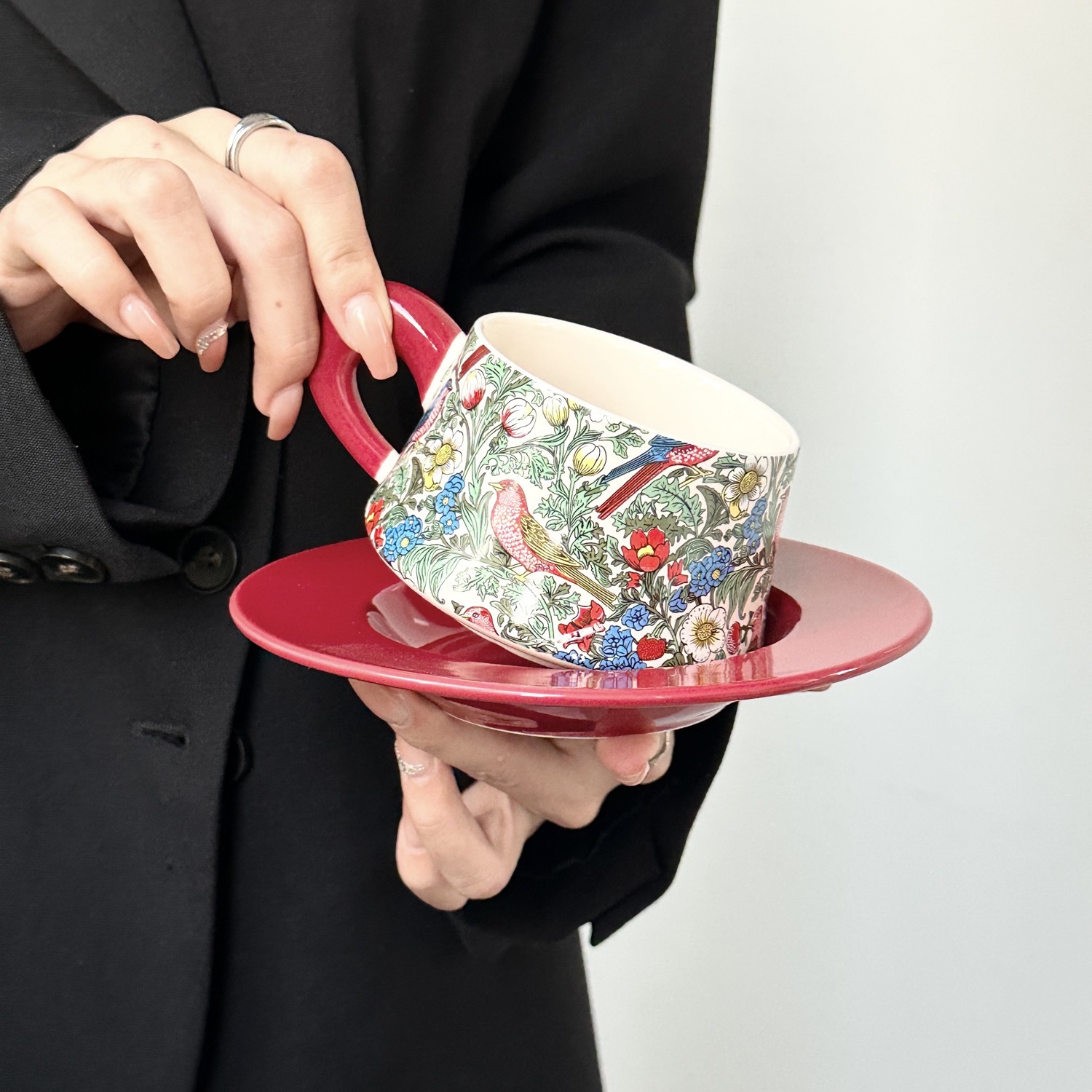 Floral and Bird Ceramic Cup and Saucer Set