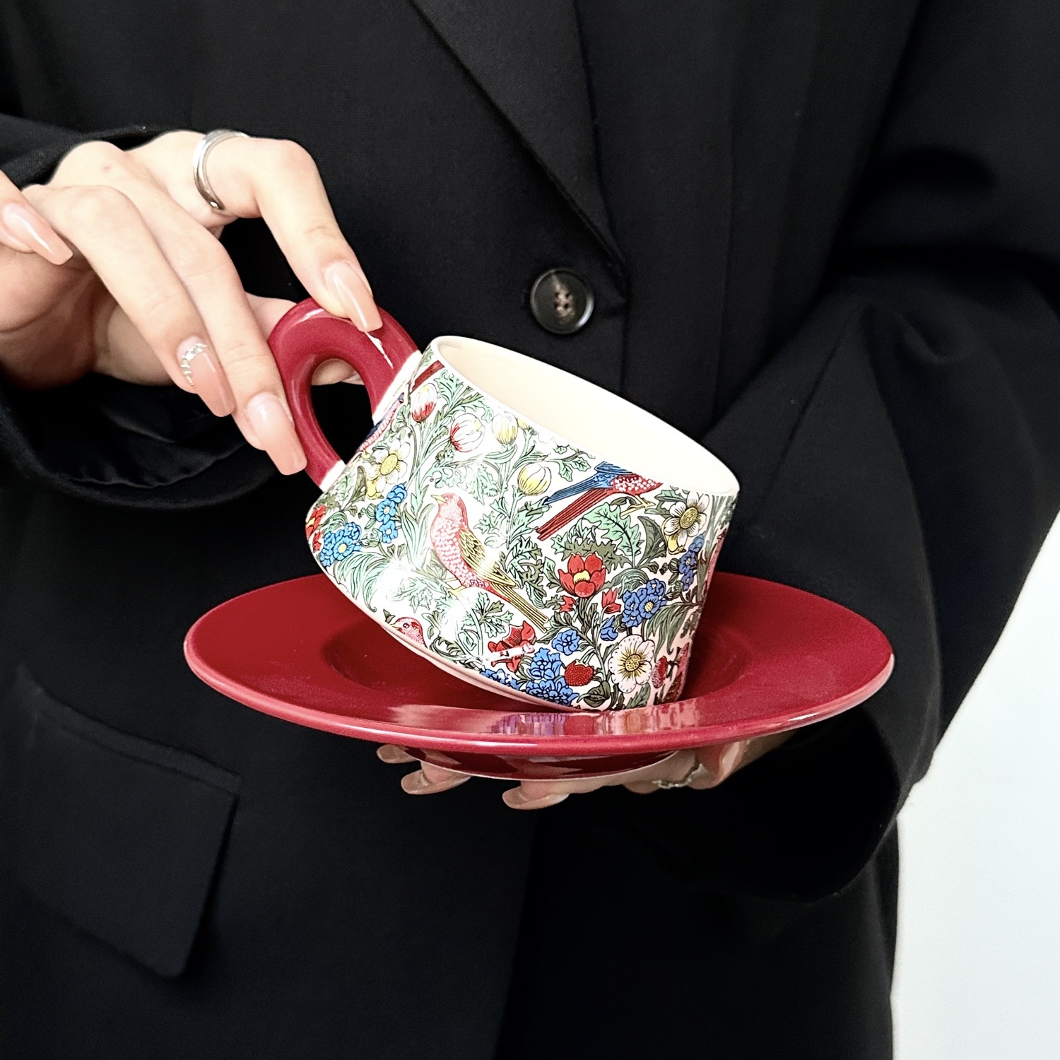 Floral and Bird Ceramic Cup and Saucer Set