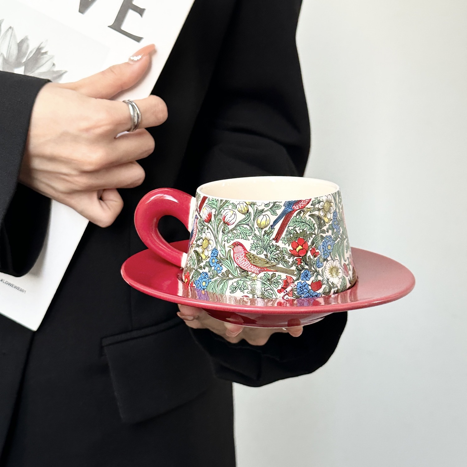 Floral and Bird Ceramic Cup and Saucer Set