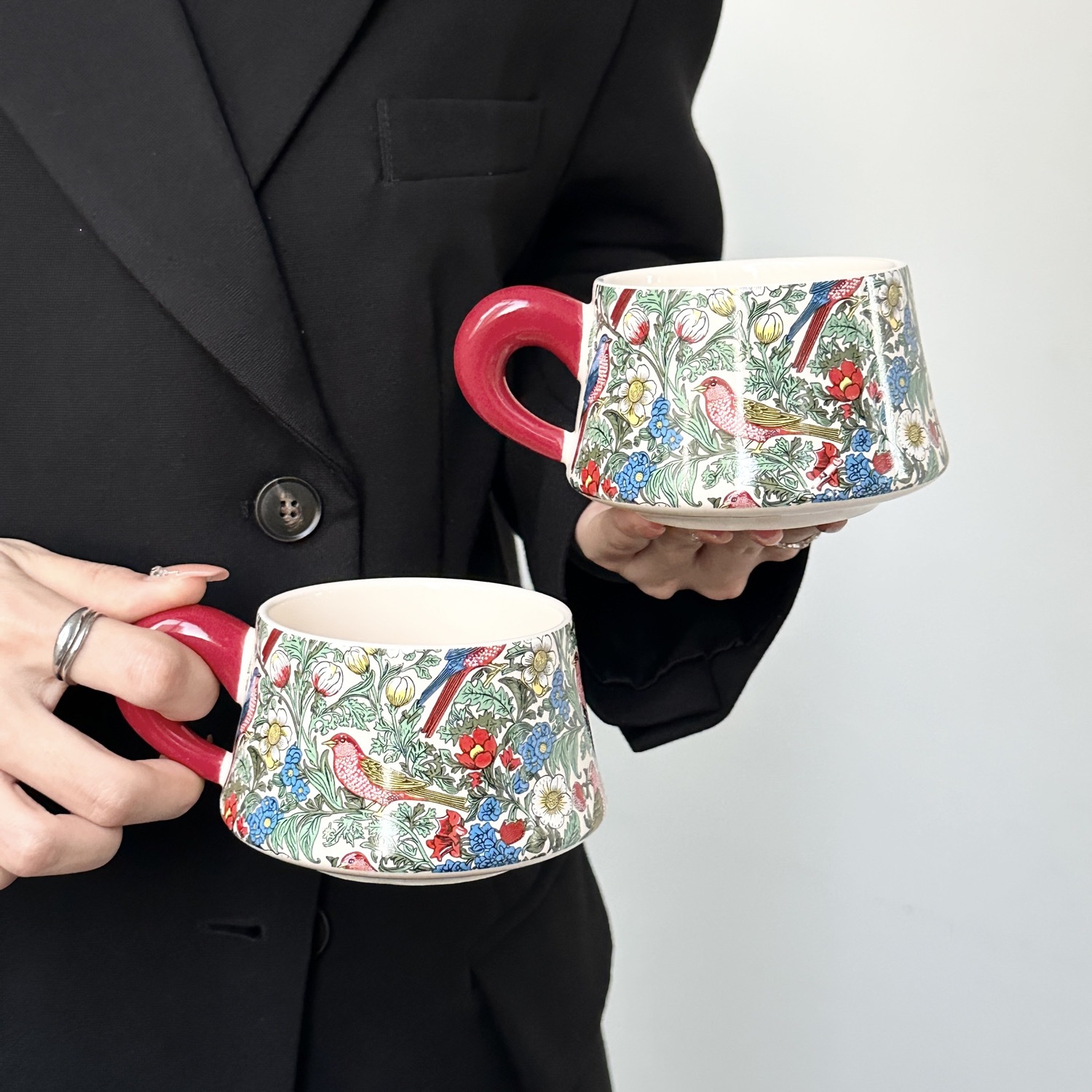 Floral and Bird Ceramic Cup and Saucer Set