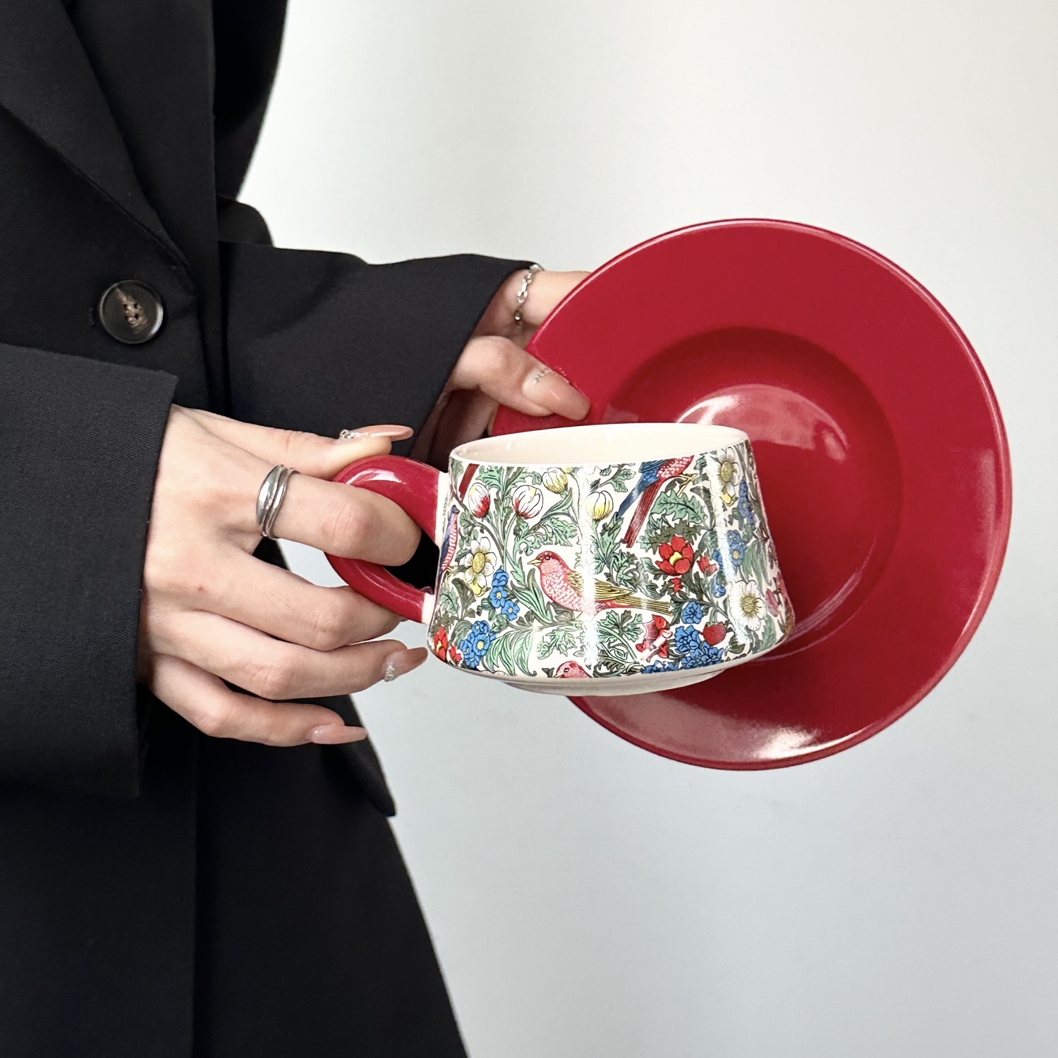 Floral and Bird Ceramic Cup and Saucer Set