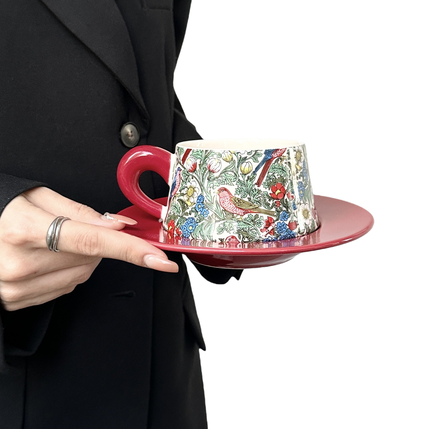 Floral and Bird Ceramic Cup and Saucer Set