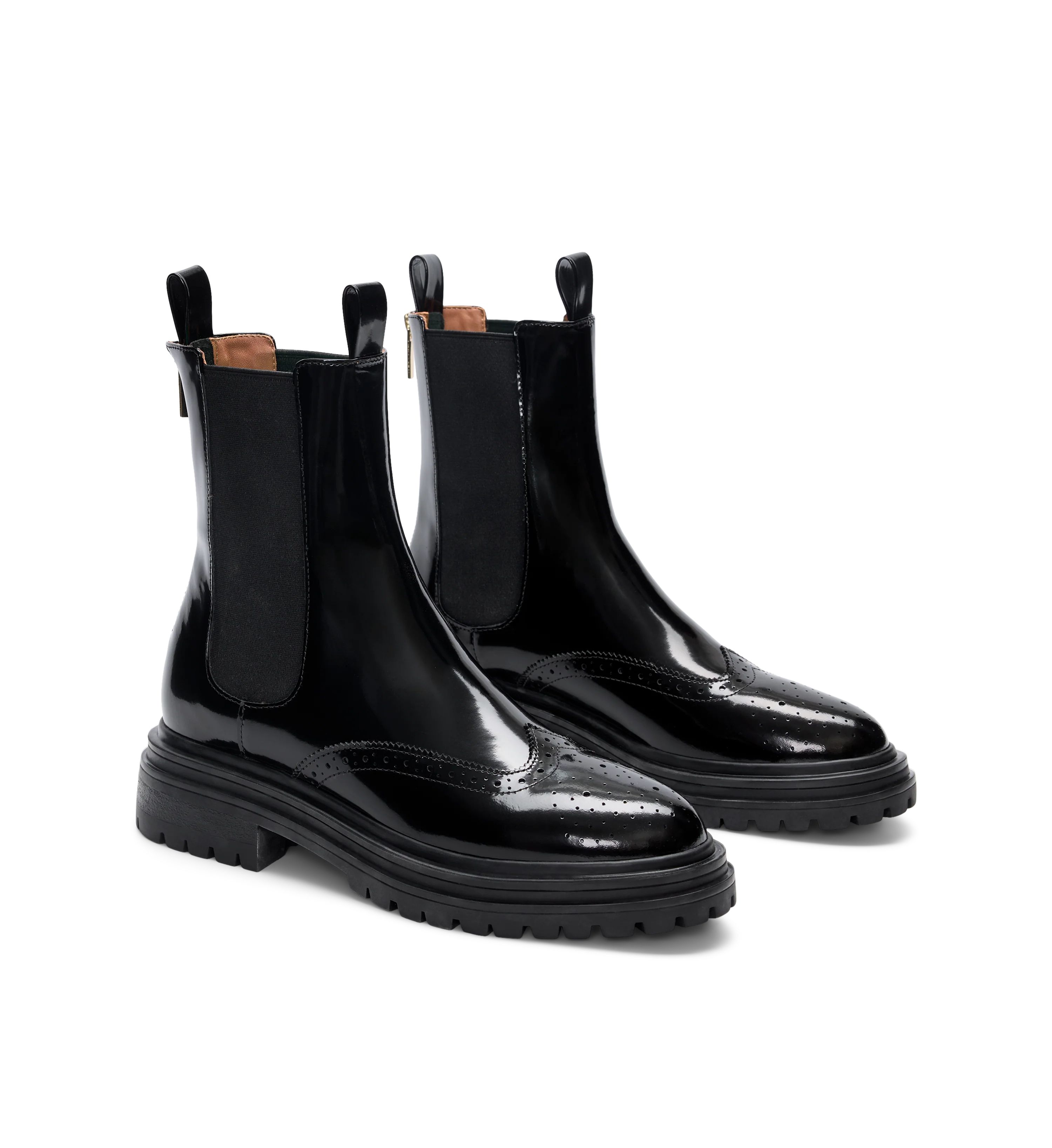 Peltops Black Boxed Leather & Brogue Detail Flat Boots