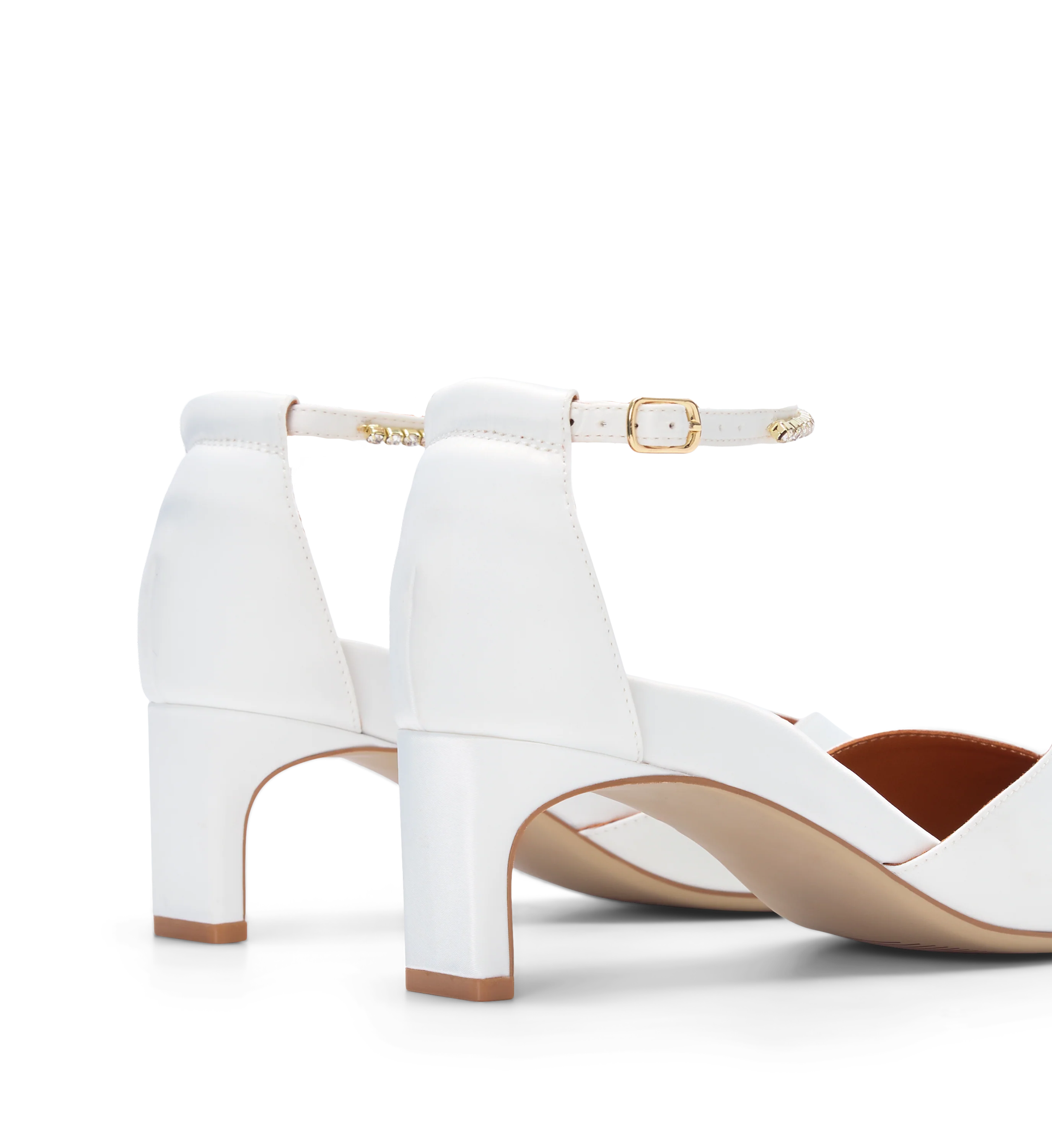 Lark White Satin & Hardware Low Heels