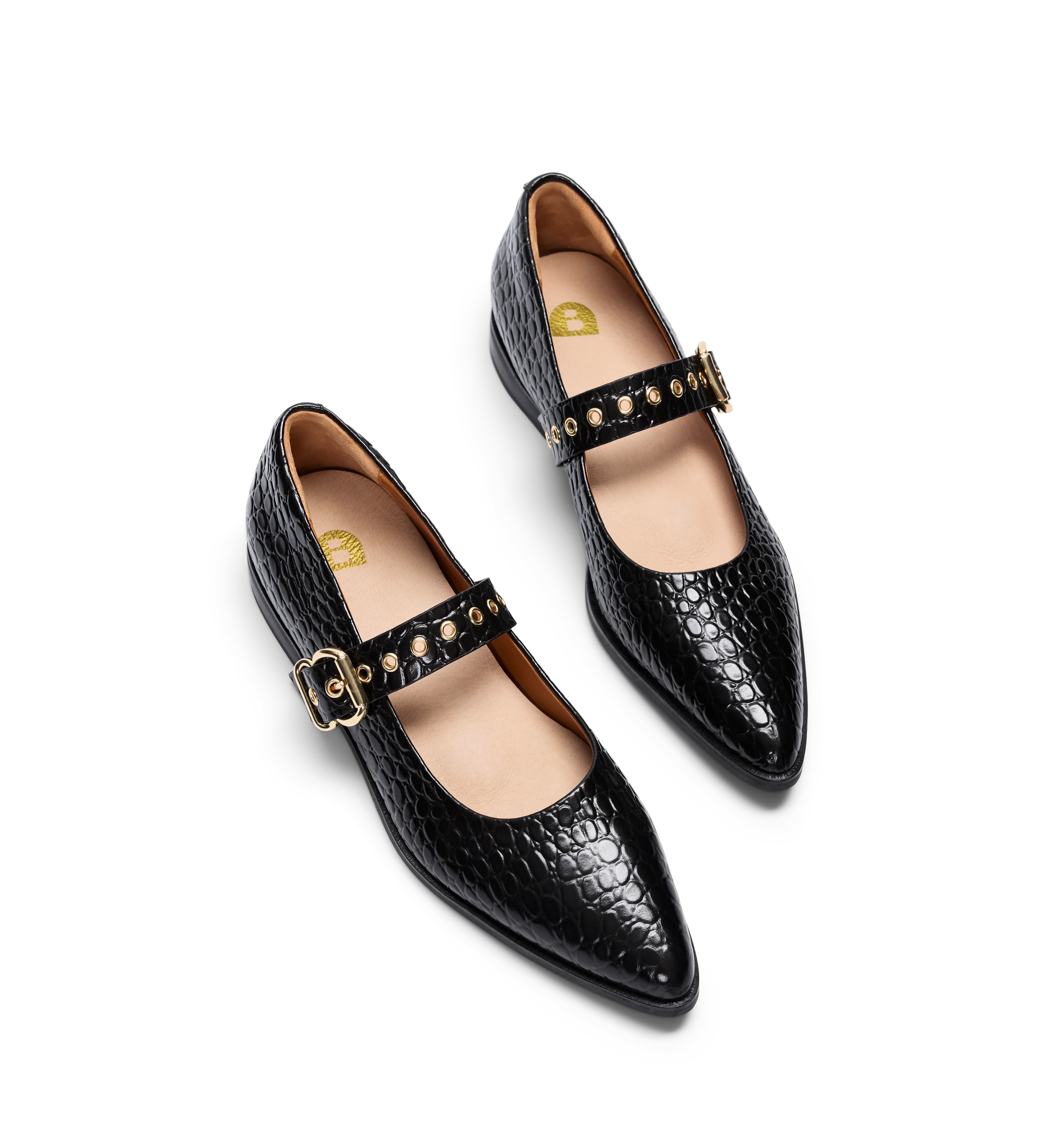 Dotterel Black Croc Emboss Leather Ballet Flats
