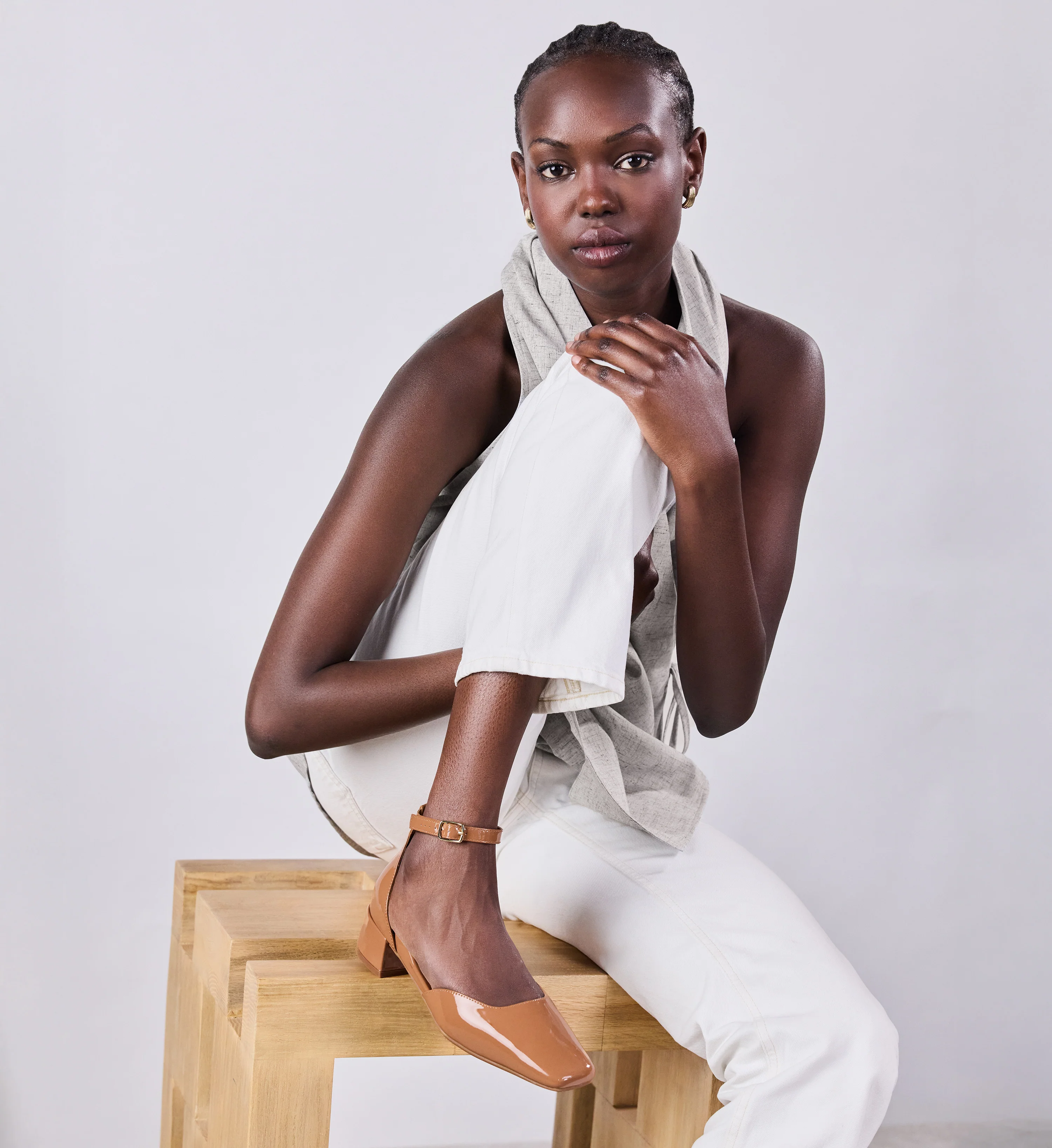 Buttonquail Light Tan Patent Leather Low Heels