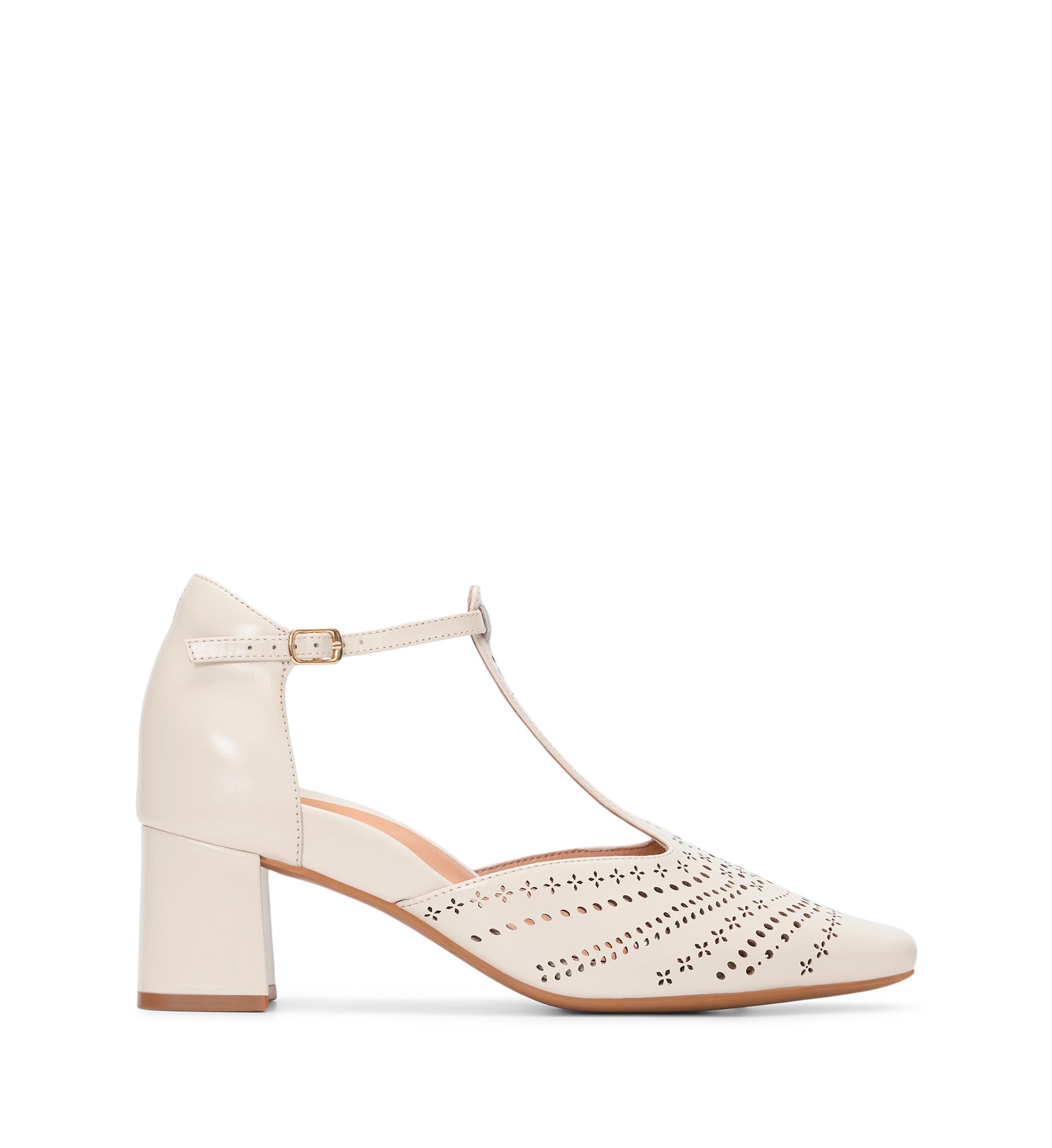 Grosbeak Ecru Leather & Brogue Detail Low Heels