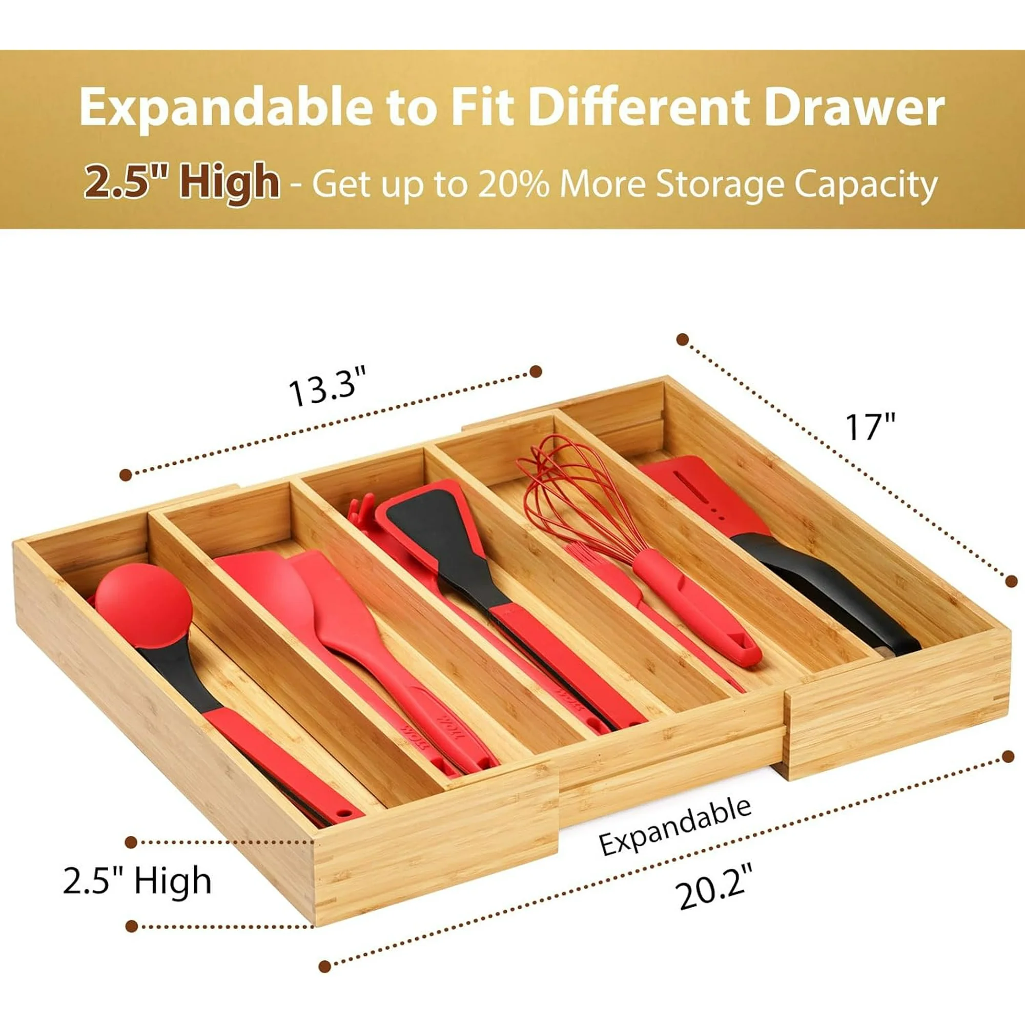 Expandable Kitchen Drawer Organizer, 2.5High Bamboo Utensils Silverware Tray, Adjustable Large Deep Wood Organization Holder