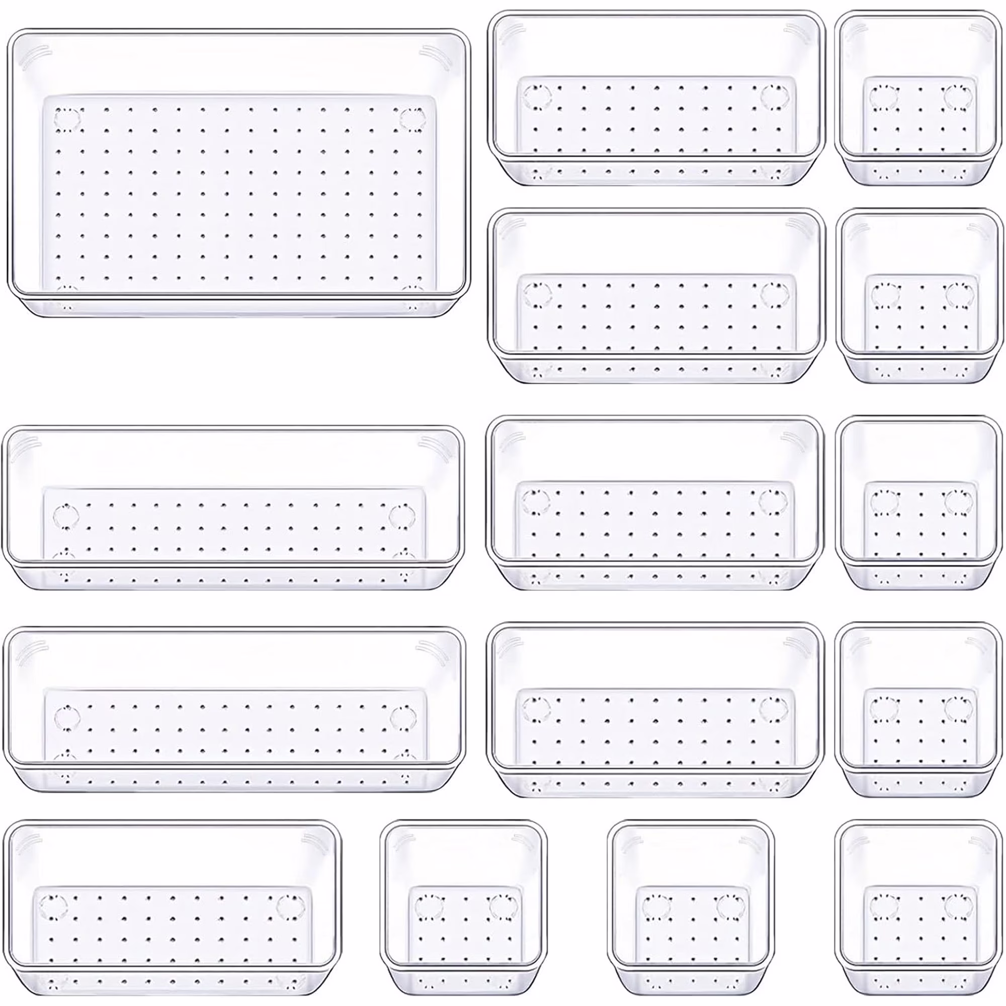Drawer Organizers Set of 15, 4 Sizes Clear Plastic Drawer Organizers and Storage Bins for Kitchen, Bathroom, Office, Dresser Desk Drawer Organizer Tray for Jewelry, Makeup, Junk, Gadgets