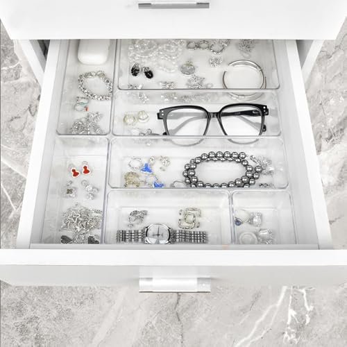 Drawer Organizers Set of 65, 4 Sizes Clear Plastic Drawer Organizers and Storage Bins for Kitchen, Bathroom, Office, Dresser Desk Drawer Organizer Tray for Jewelry, Makeup, Junk, Gadgets$$Office