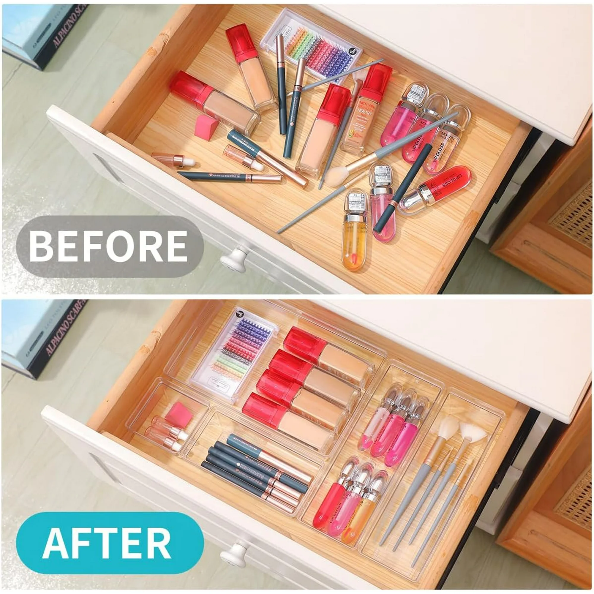 Clear Plastic Drawer Organizer Storage - 25Pcs 4 Size Desk Bathroom Kitchen Organizers and Accessories Office Organization, Vanity Stackable Drawers Bins Trays Containers Dividers Makeup Sets