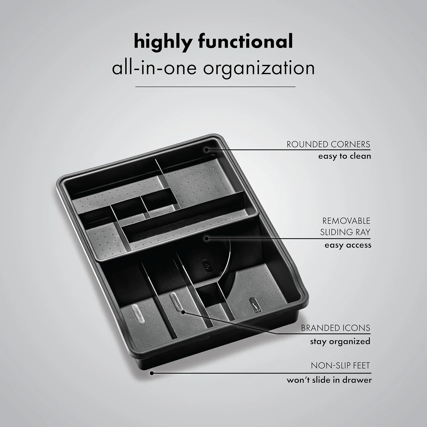 23-Compartment Junk Drawer Organizer Tray, Plastic Multipurpose Storage Bin for Drawers, Granite
