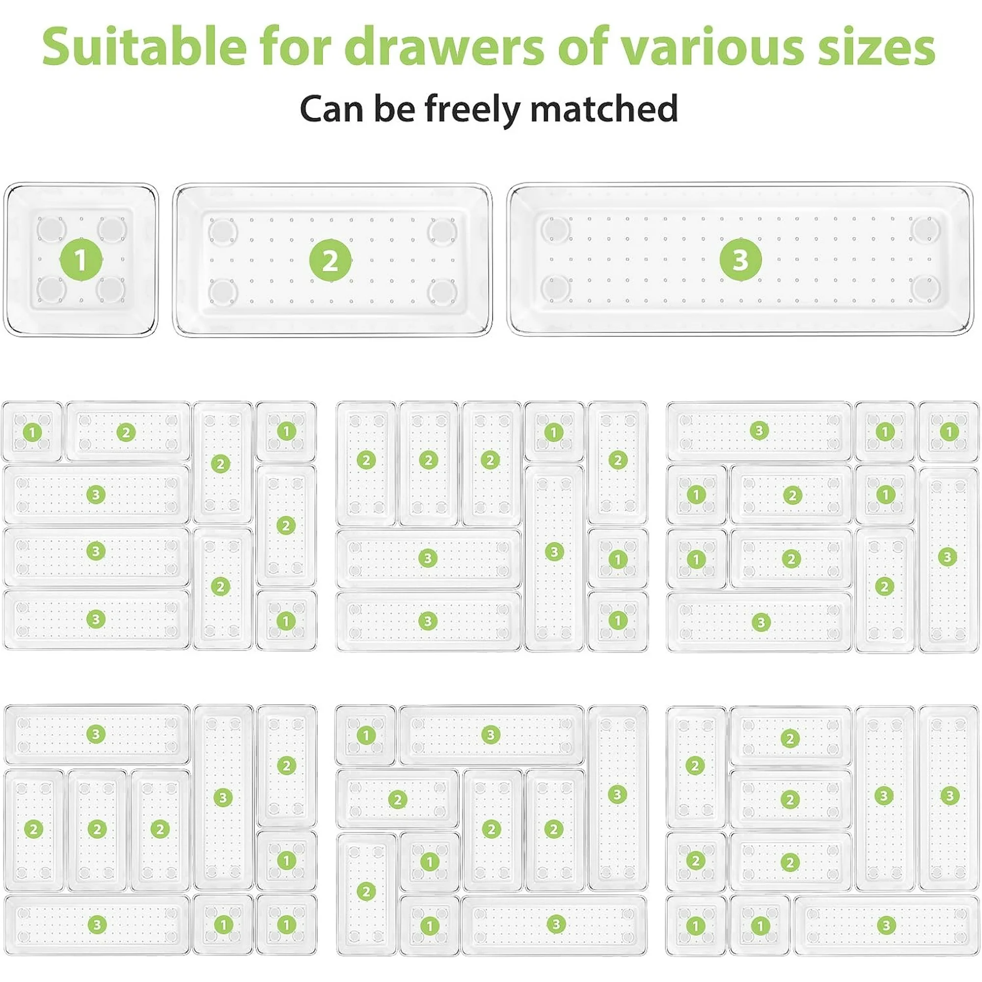 12 Piece Clear Drawer Organizer Set, 3 Sizes Bathroom Vanity Organizer Trays and Storage Bins for Makeup, Cosmetics, Jewelry, and Gadgets. Perfect for Office, Kitchen, Bedroom, Bathroom Use.