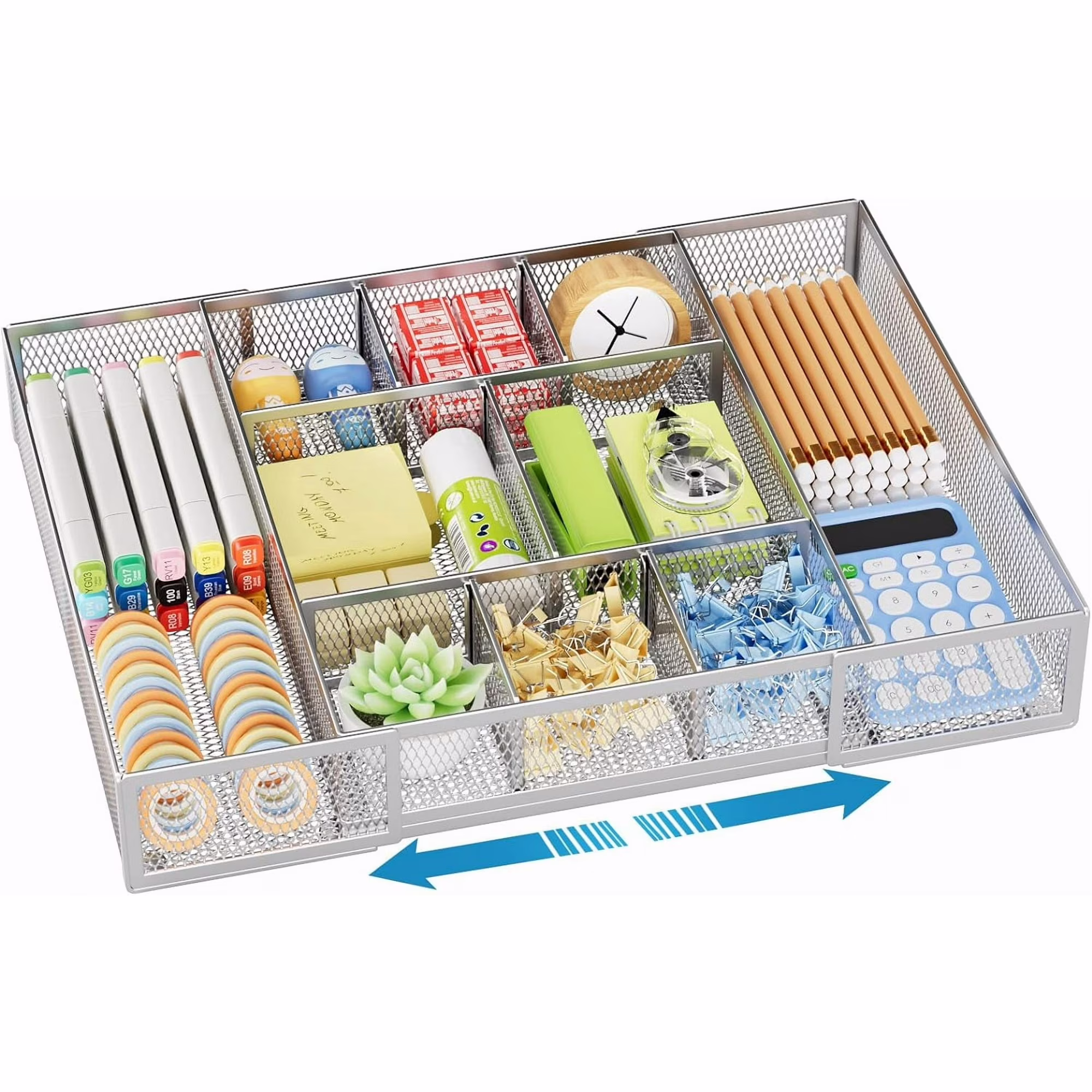 Expandable Desk Drawer Organizer, Mesh Tray with 10 Adjustable Compartments, Desk Organizers for Office Supplies, Makeup & Vanity (Expandable-Silver 2pack)
